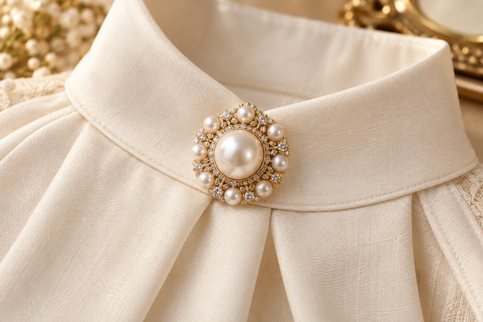 Rounded pearl brooch positioned on a formal collar