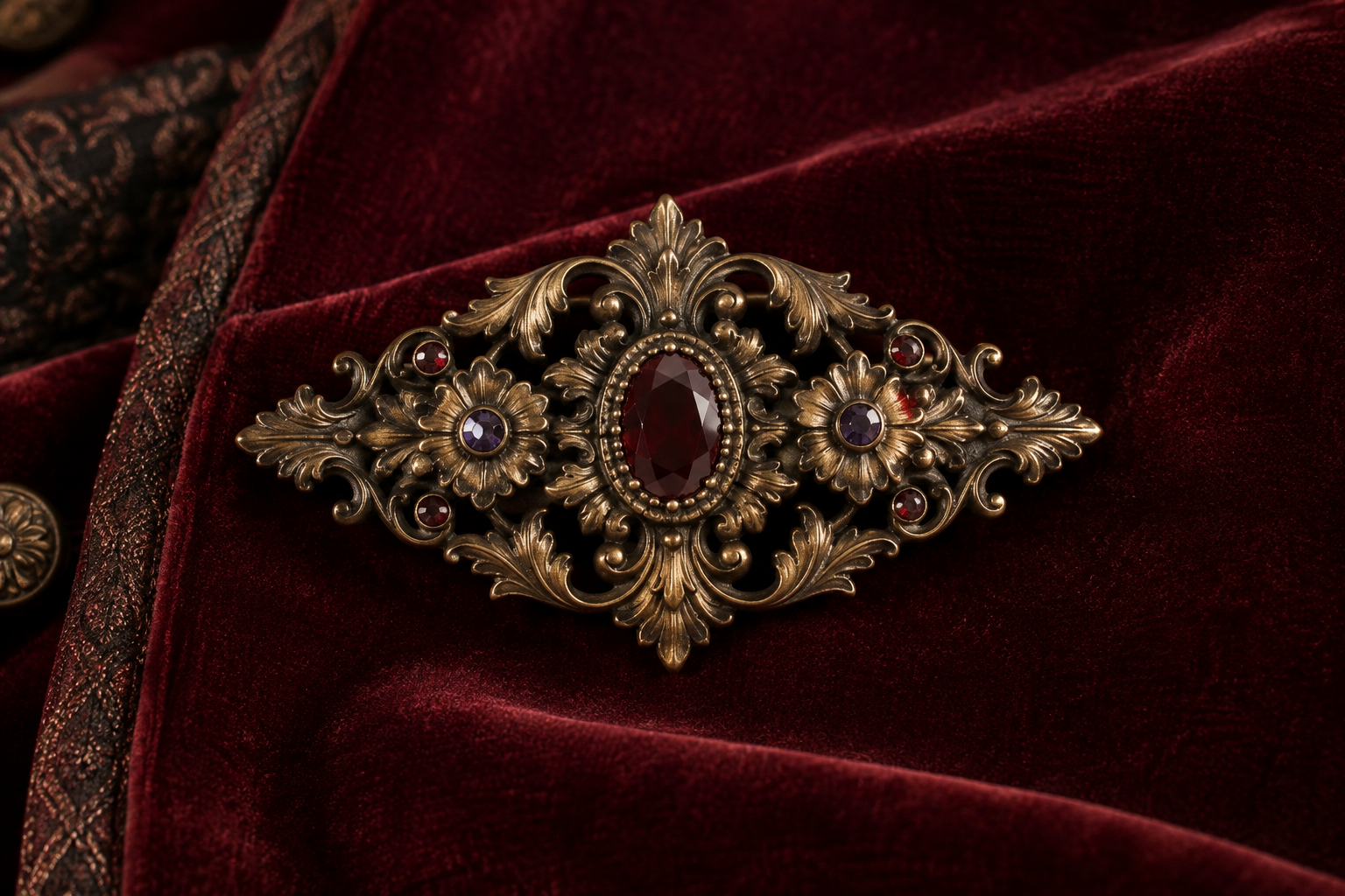 Vintage brass tone ornament pin with decorative stones