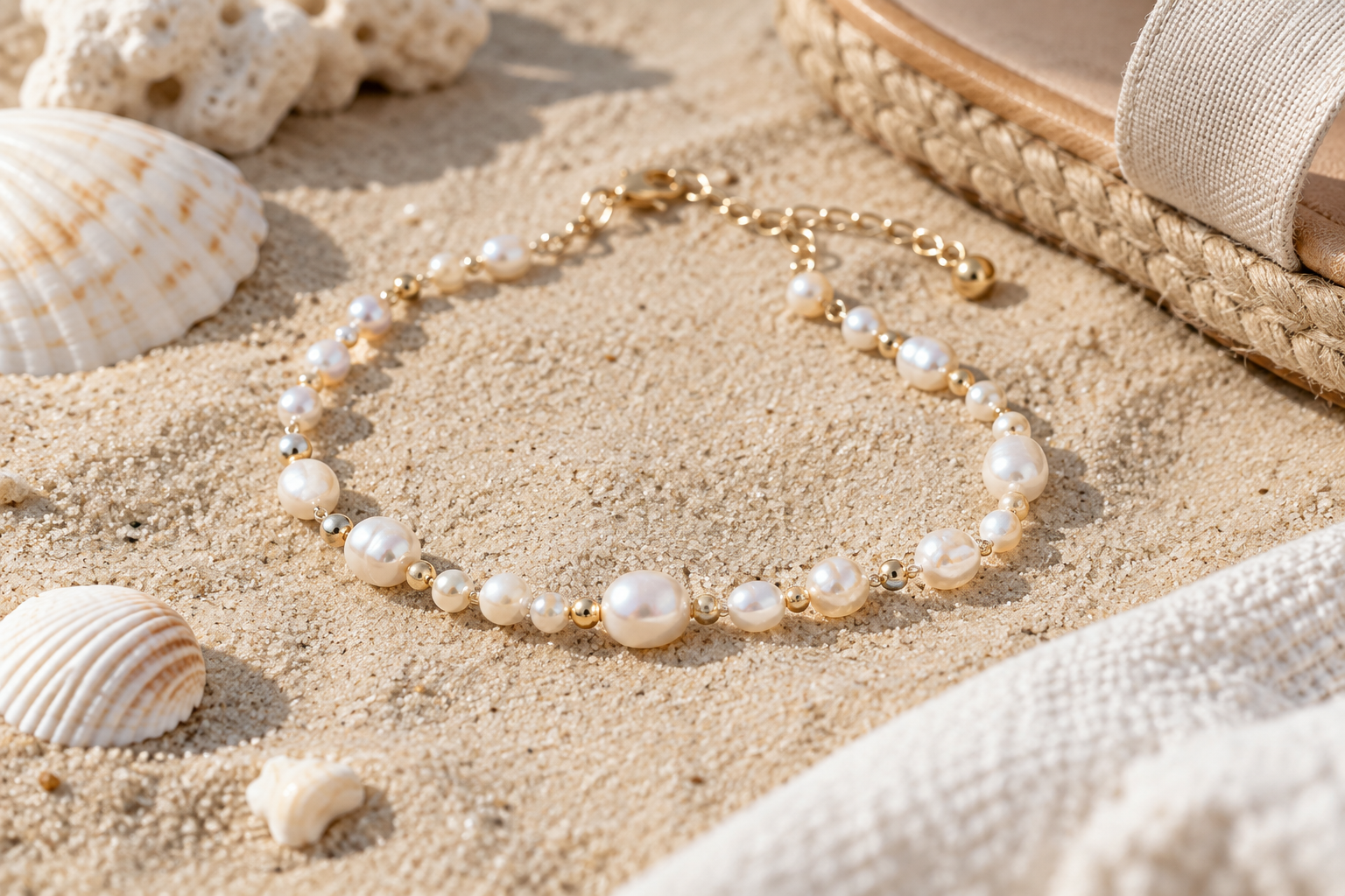 Pearl beach anklet with sand and shell styling