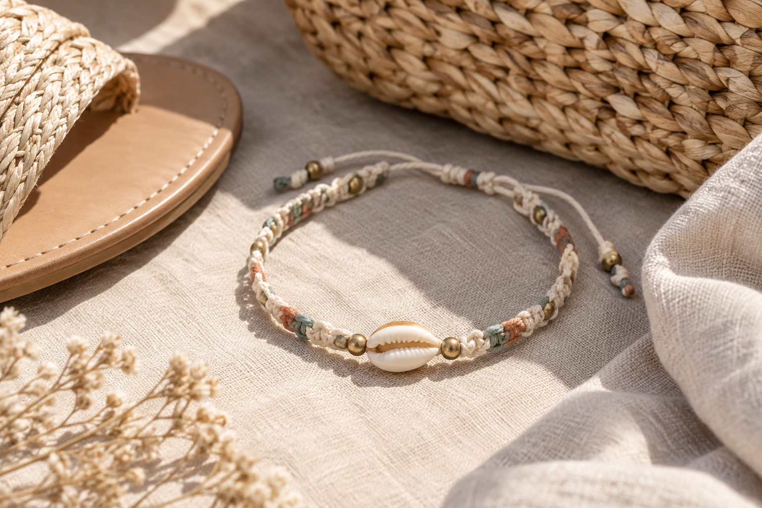 Woven shell anklet with natural cotton linen threads