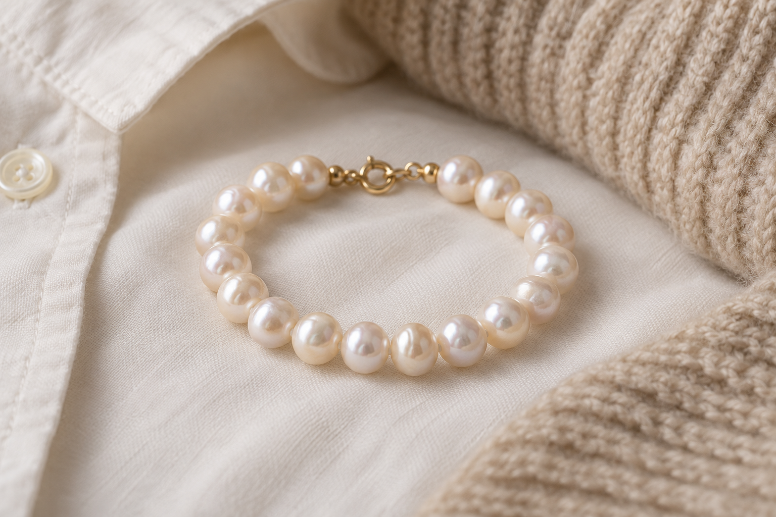Freshwater pearl bracelet arranged beside soft apparel fabric
