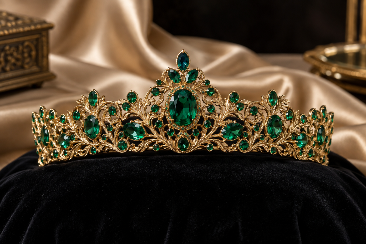 Emerald color filigree crown accent photographed as a premium accessory