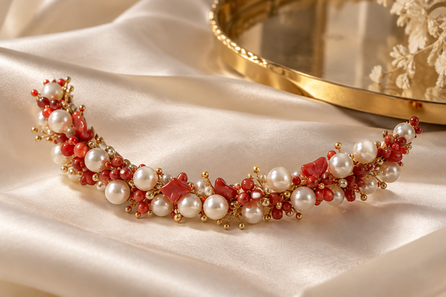 Pearl and coral color hair arc arranged on silk