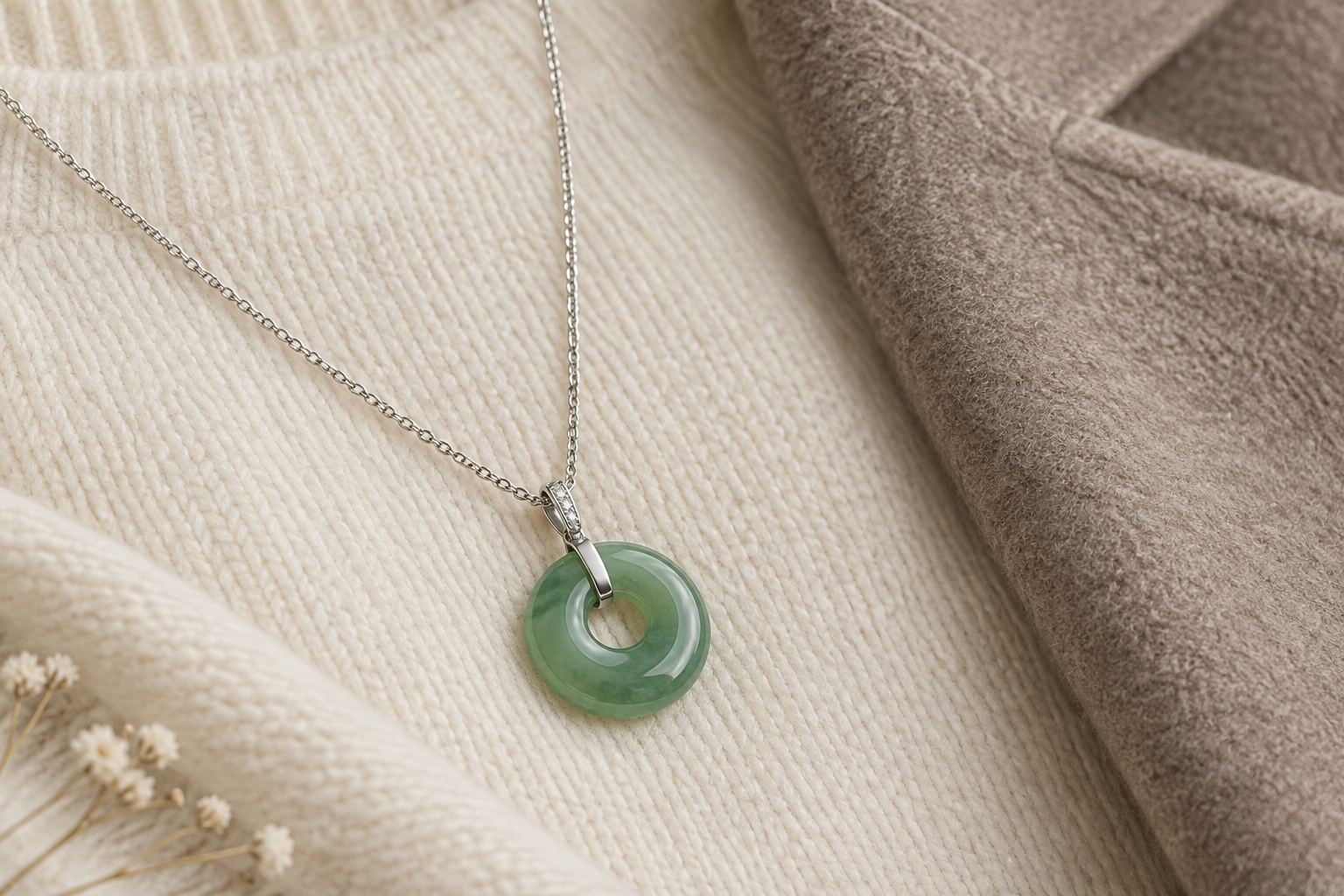Fine chain with jade color pendant on neutral fabric
