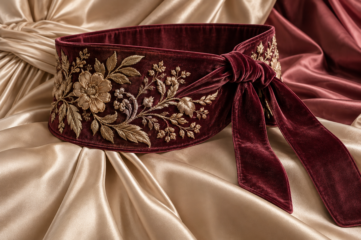 Embroidered velvet waist sash on formal gown fabric