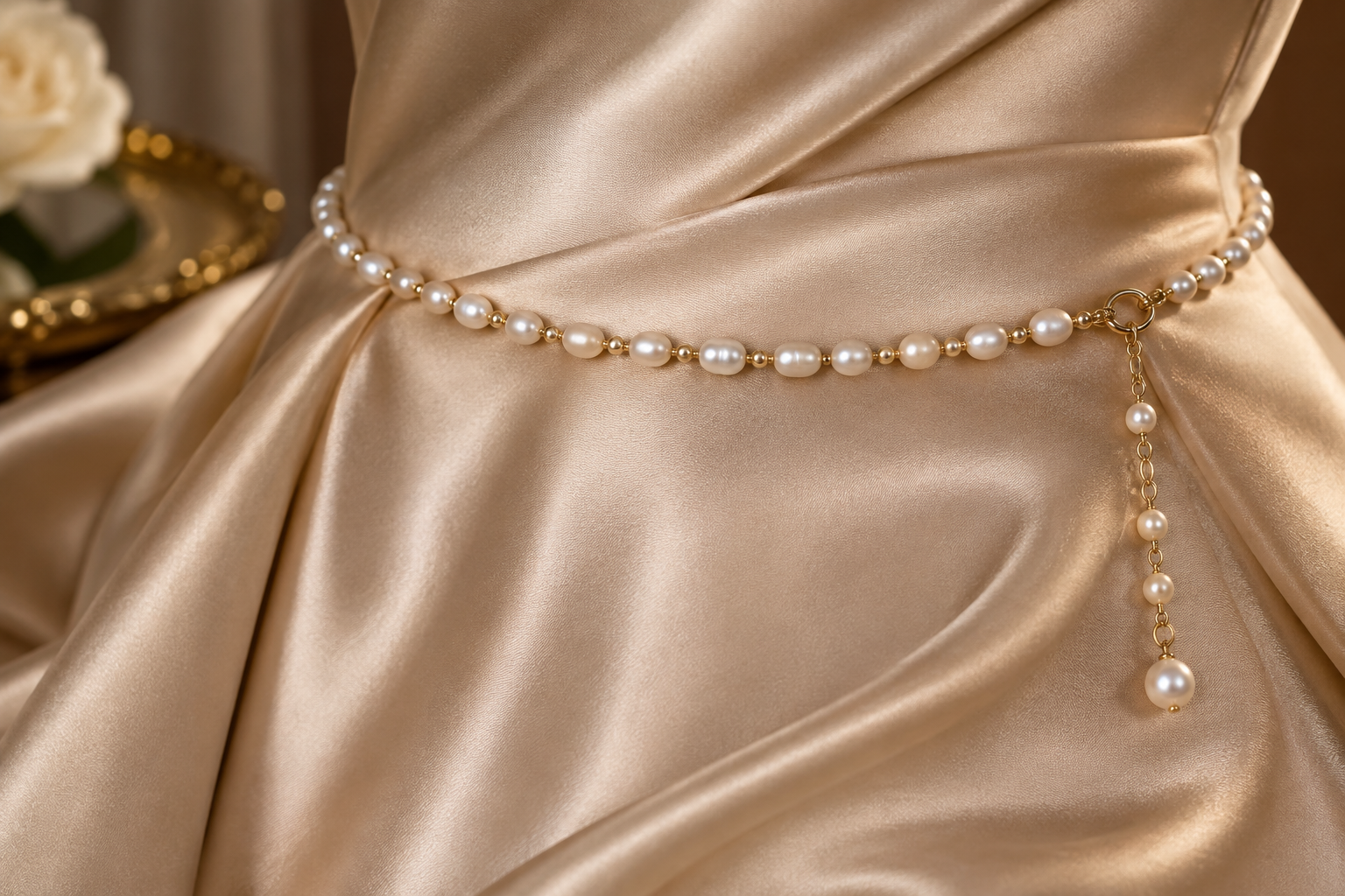Pearl evening waist chain displayed over satin fabric